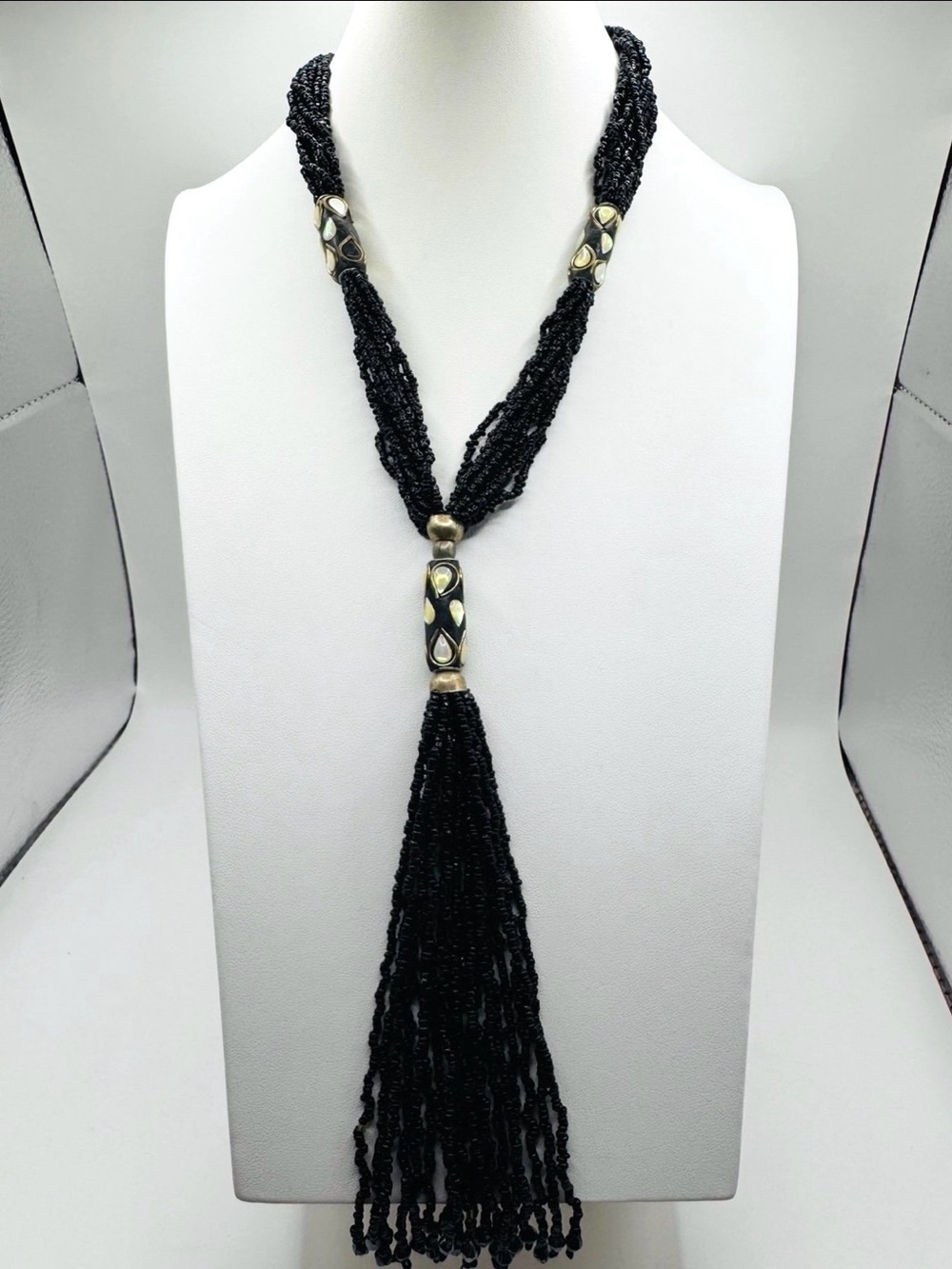 Vintage Ethnic Multi-Strand Black Seed Bead Tassel Necklace- Tribal Inlaid Bone